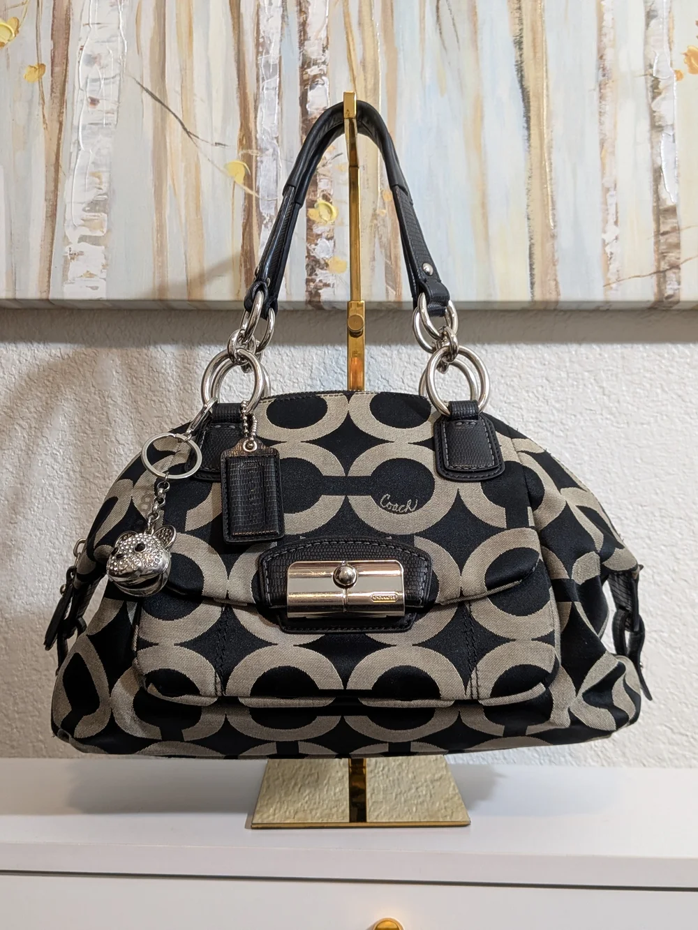 Coach 19329 Black and Beige C Logo Pattern Satchel Handbag with Silver Hardware